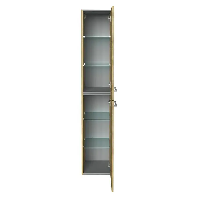 Fackelmann B.style Hochschrank - B x T x H: 30 x 31,8 x 162 cm, Anschlag: Rechts, Sandeiche - Offener, hoher Badezimmerschrank mit hellem Holzrahmen und mehreren Glasböden, ideal zur Aufbewahrung von Badutensilien.