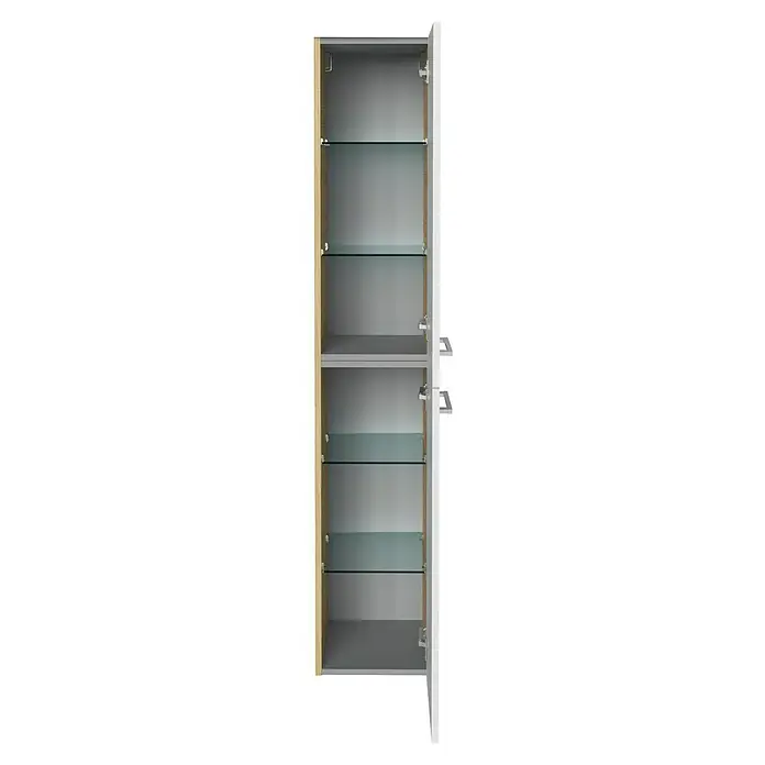 Fackelmann B.style Hochschrank - B x T x H: 30 x 31,8 x 162 cm, Anschlag: Rechts, Sandeiche/Weiß - Abgebildeter Spiegelschrank in hellem Holz und Weiß mit mehreren Glasablagen.
