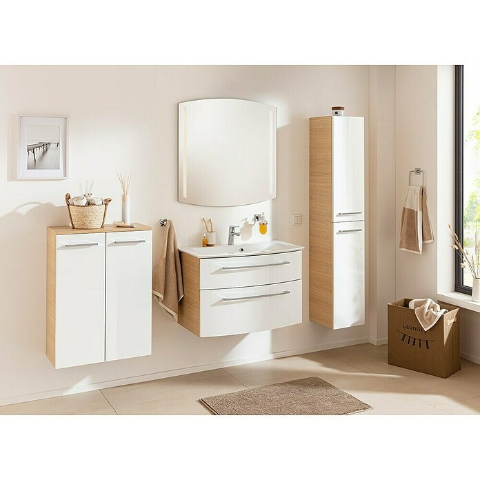 Fackelmann B.style Hochschrank (B x T x H: 30 x 31,8 x 162 cm, Anschlag: Rechts, Weiß Hochglanz/Sandeiche) | BAUHAUS
