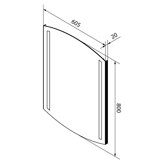 Fackelmann B.style LED-Lichtspiegel - B x H: 60 x 80 cm - Schemazeichnung einer Duschkabine mit Maßen 605 mm Breite und 800 mm Höhe, inklusive einer 20 mm dicken Wand.