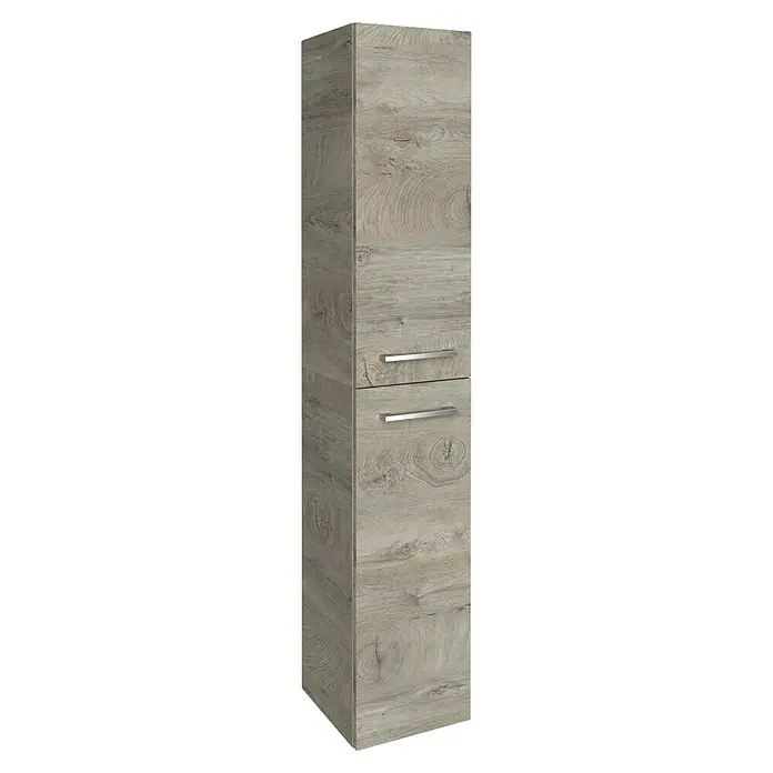 Fackelmann B.style Hochschrank - B x T x H: 30 x 31,8 x 162 cm, Anschlag: Links, Nature Oak Holzoptik - Ein hochformatiger Badezimmerschrank in hellem Holzdesign mit zwei Schubladen und schlichten Griffen für ein modernes Ambiente.
