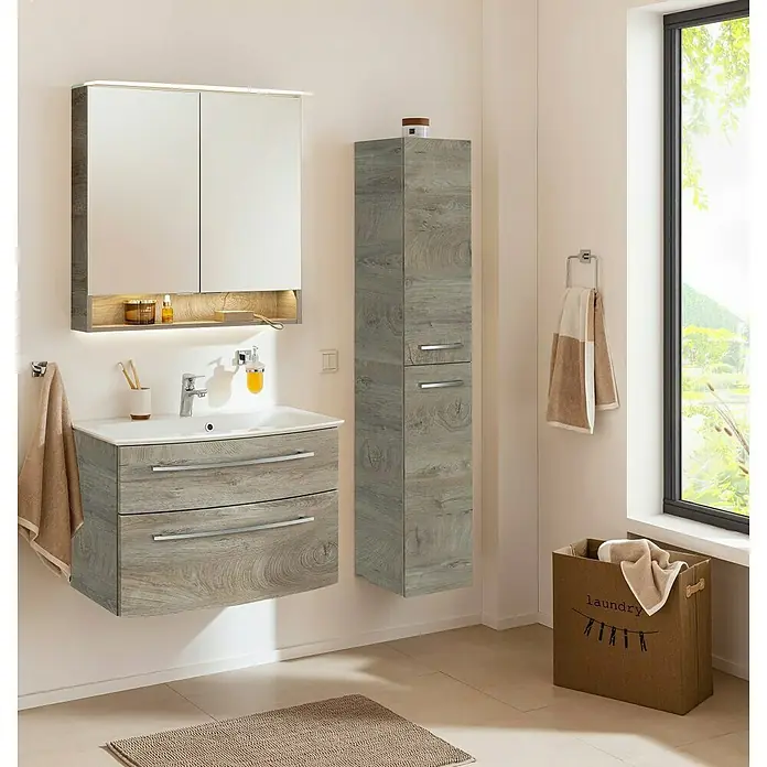 Fackelmann B.style Hochschrank - B x T x H: 30 x 31,8 x 162 cm, Anschlag: Rechts, Nature Oak Holzoptik - Badezimmerensemble mit Waschbeckenunterschrank, Spiegelschrank und Hochschrank in Holzoptik für ein modernes Ambiente.