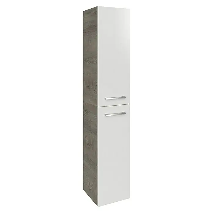 Fackelmann B.style Hochschrank - B x T x H: 30 x 31,8 x 162 cm, Anschlag: Rechts, Nature Oak Holzoptik/Weiß - Ein Badezimmerschrank mit zwei Türen, einer davon mit Holzstruktur, ideal für die Organisation Ihrer Badutensilien.