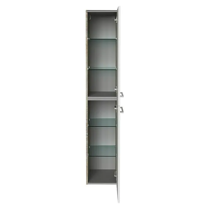 Fackelmann B.style Hochschrank - B x T x H: 30 x 31,8 x 162 cm, Anschlag: Rechts, Nature Oak Holzoptik/Weiß - Offener Badezimmerschrank in Grau mit Einlegeböden aus Glas. Das Möbelstück ist schlank und hoch und hat eine Tür mit Griff.