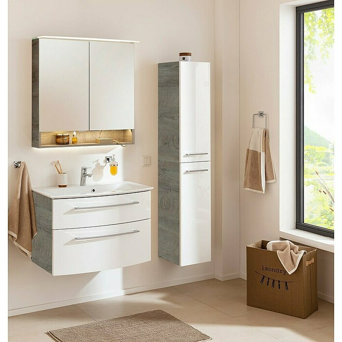 Fackelmann B.style Hochschrank (B x T x H: 30 x 31,8 x 162 cm, Anschlag: Rechts, Weiß Hochglanz/Nature Oak Holzoptik) | BAUHAUS