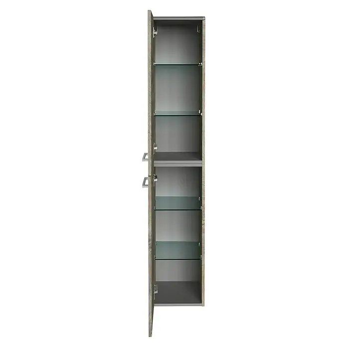 Fackelmann B.style Hochschrank - B x T x H: 30 x 31,8 x 162 cm, Anschlag: Links, Nature Oak Holzoptik - Offener, hölzerner Hochschrank mit mehreren Glasböden und einem Einlegeboden, ideal für die Aufbewahrung verschiedener Gegenstände.