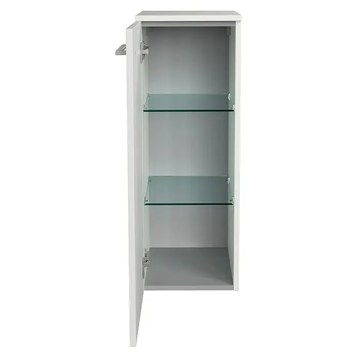 Fackelmann B.style Midischrank - 1-türig, B x T x H: 30,2 x 32 x 82,6 cm, Anschlag: Links, Weiß - Ein offener, weißer Badezimmerschrank mit zwei Glasregalen, der viel Stauraum bietet und ein modernes Design hat.