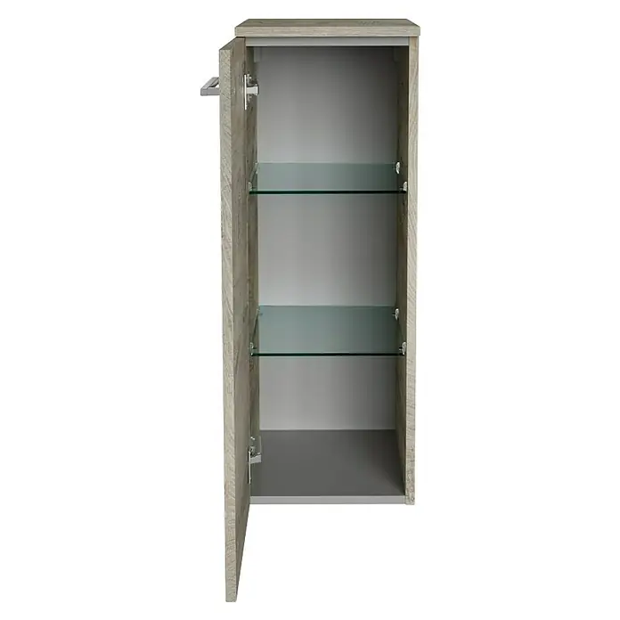 Fackelmann B.style Midischrank - 1-türig, B x T x H: 30,2 x 32 x 82,6 cm, Anschlag: Links, Nature Oak Holzoptik - Offener Hängeschrank mit zwei Glasböden in hellem Holzdesign, ideal für Badezimmer oder andere Räume, die Stauraum benötigen.
