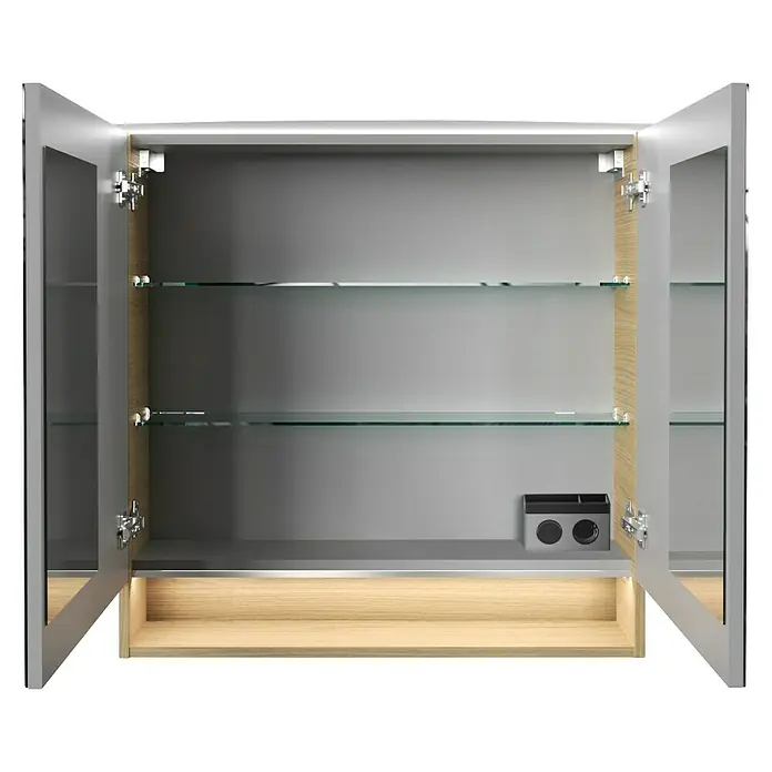 Fackelmann B.style LED-Spiegelschrank - B x H: 80 x 81,2 cm, Sandeiche - Ein offener Spiegelschrank mit Glasböden und Beleuchtung präsentiert seine Funktionalität und elegantes Design.