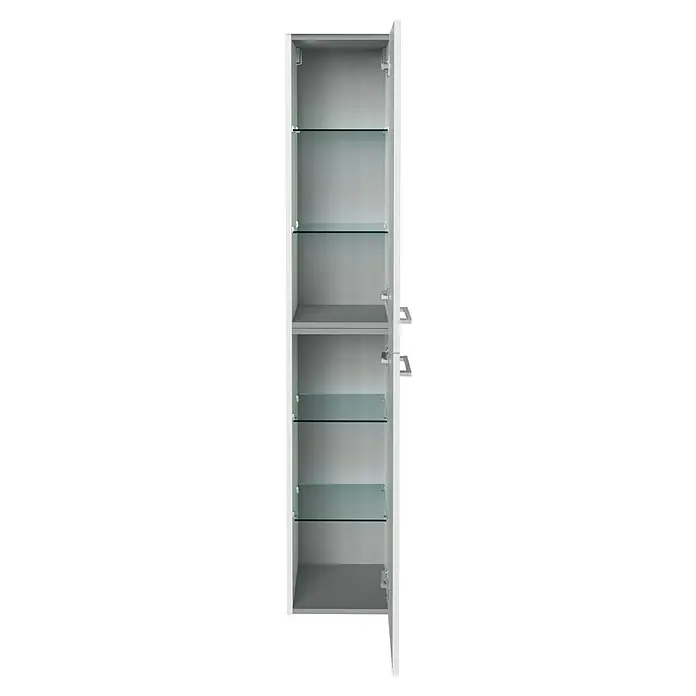 Fackelmann B.style Hochschrank - B x T x H: 30 x 31,8 x 162 cm, Anschlag: Rechts, Weiß - Ein offener weißer Badezimmerschrank mit mehreren Glasböden und einem festen Boden.