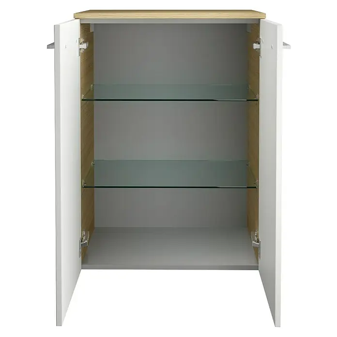 Fackelmann B.style Midischrank - 2-türig, B x T x H: 60,2 x 32 x 82,6 cm, Sandeiche/Weiß - Offener Badschrank mit zwei Glasablagen und weißer Außenseite für Badezimmerutensilien.