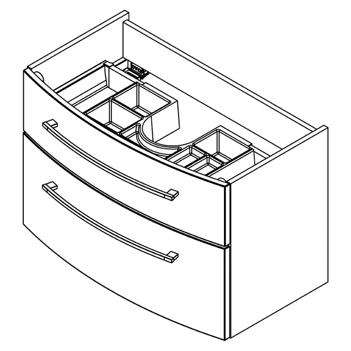 Fackelmann B.style Badmöbel-Set - Gesamtbreite Badmöbel: 83,2 cm, Sandeiche/Weiß - Illustration eines Badezimmerwaschtischs mit zwei Schubladen und einem offenen Fach für Badezimmerutensilien.