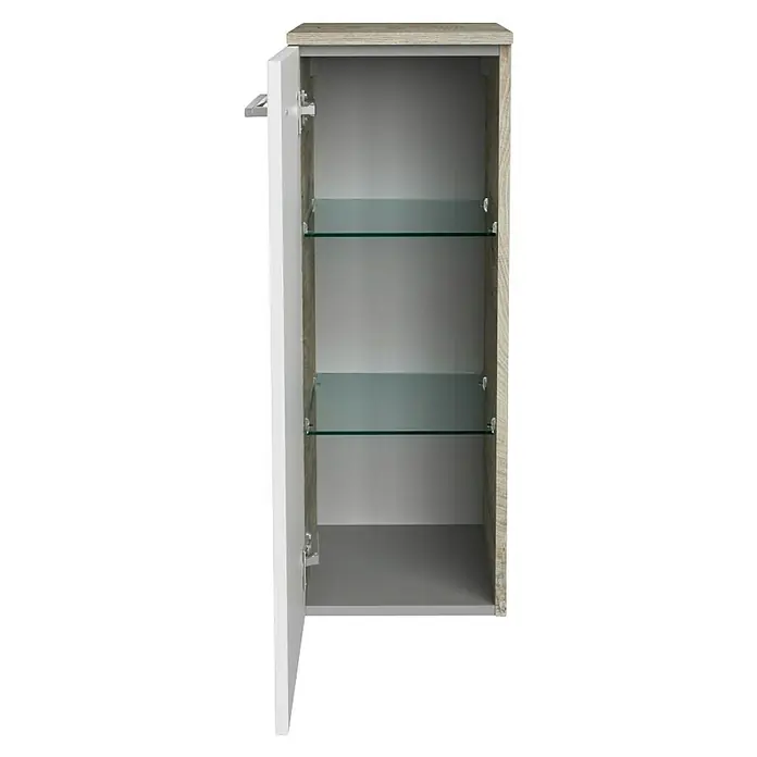 Fackelmann B.style Midischrank - 1-türig, B x T x H: 30,2 x 32 x 82,6 cm, Anschlag: Links, Nature Oak Holzoptik/Weiß - Offener Spiegelschrank mit zwei Glasböden. Die Tür ist weiß, der Rahmen hat eine helle Holzoptik. Ideal für Badutensilien.