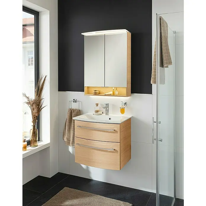 Fackelmann B.style Badmöbel-Set - Gesamtbreite Badmöbel: 63,2 cm, Sandeiche - Modernes Badezimmer mit Waschtischunterschrank in Holzoptik und Spiegelschrank mit Beleuchtung.