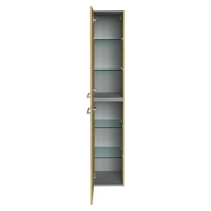Fackelmann B.style Hochschrank - B x T x H: 30 x 31,8 x 162 cm, Anschlag: Links, Sandeiche - Offener Badezimmerschrank mit Holztüren und Glasböden. Der Schrank ist hellgrau und hat fünf Glasböden.