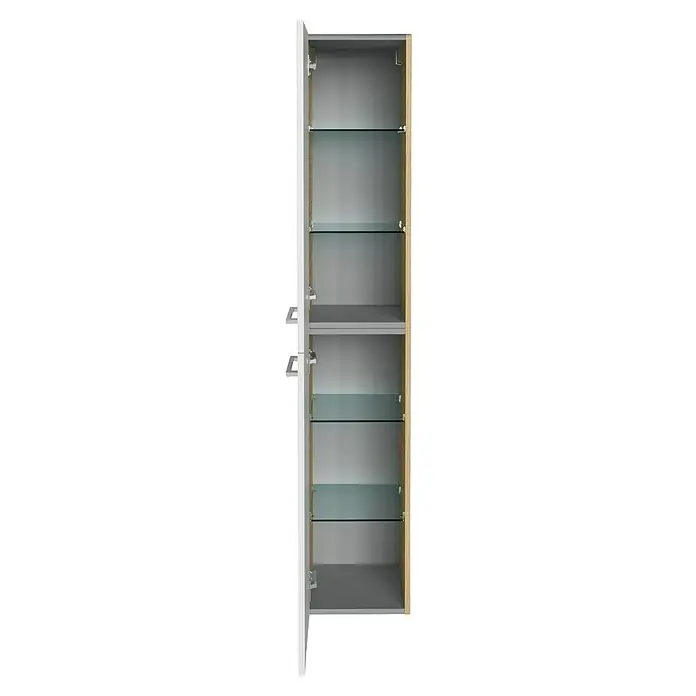 Fackelmann B.style Hochschrank - B x T x H: 30 x 31,8 x 162 cm, Anschlag: Links, Sandeiche/Weiß - Offener, schmaler Hochschrank mit Holzeffekt und weißen Akzenten mit Glasablagen. Perfekt für Badezimmeraufbewahrung.