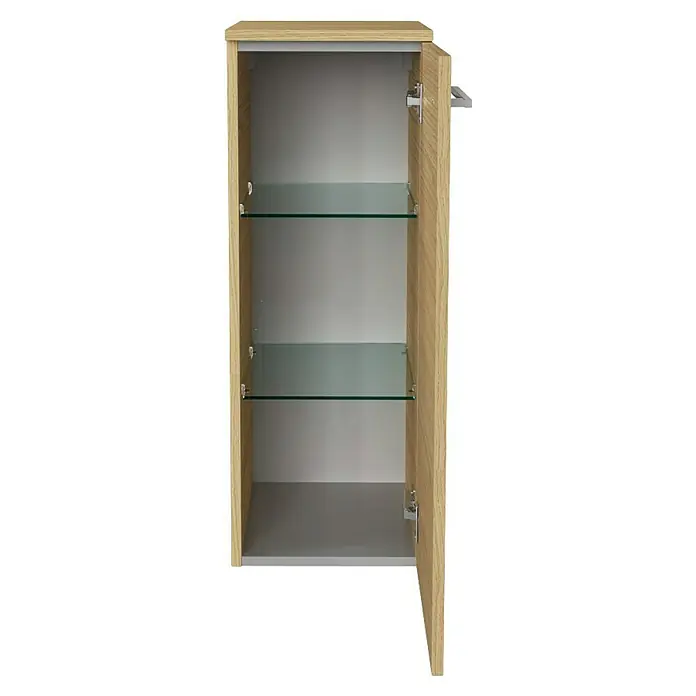 Fackelmann B.style Midischrank - 1-türig, B x T x H: 30,2 x 32 x 82,6 cm, Anschlag: Rechts, Sandeiche - Ein Badezimmerschrank mit zwei Glasböden und einer hellen Holzstruktur an den Seiten. Ein idealer Schrank für jedes moderne Badezimmer.