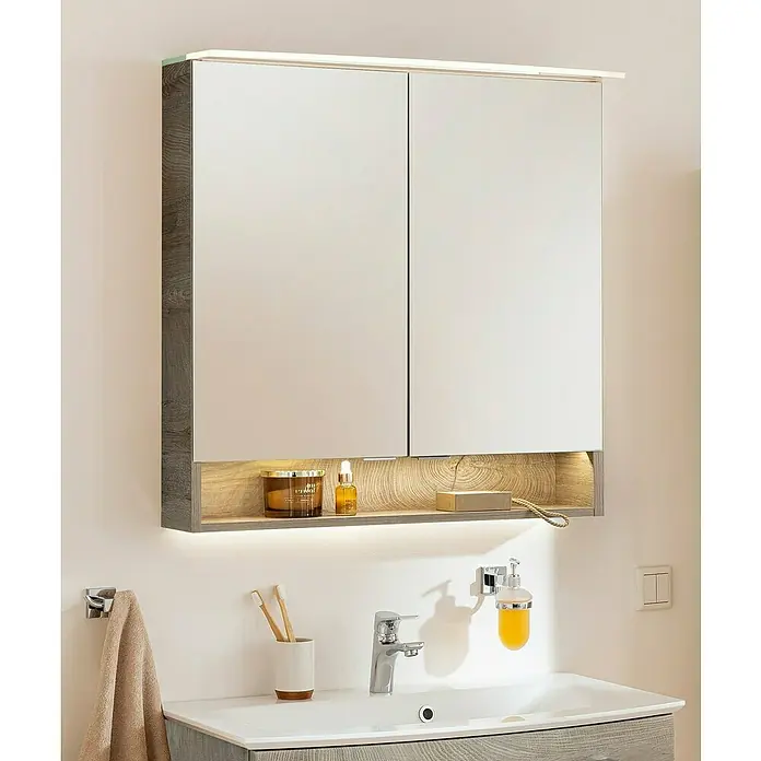 Fackelmann B.style LED-Spiegelschrank - B x H: 80 x 81,2 cm, Nature Oak Holzoptik - Spiegelschrank mit Beleuchtung und Ablagefläche im modernen Badezimmer.