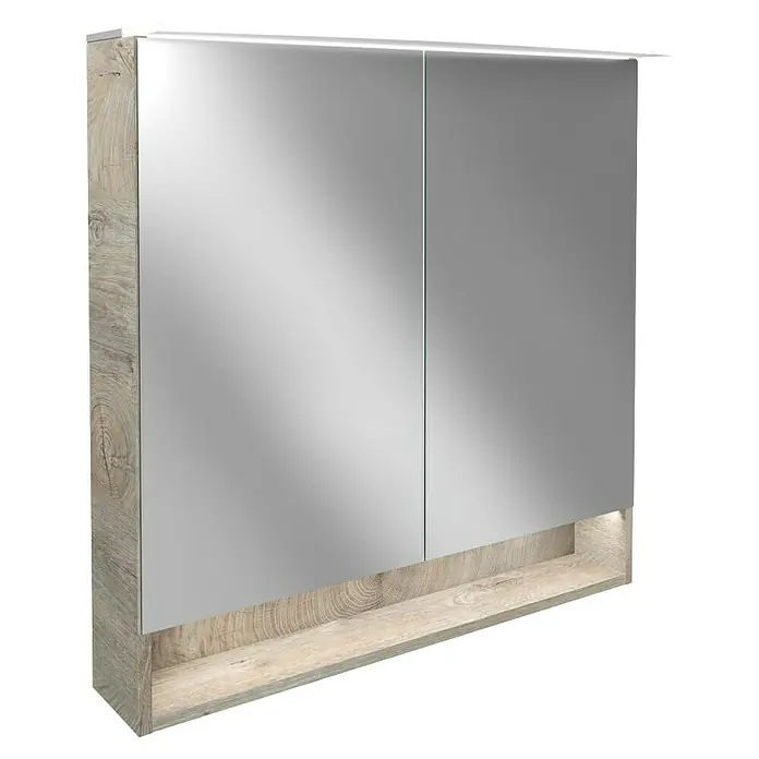Fackelmann B.style LED-Spiegelschrank - B x H: 80 x 81,2 cm, Nature Oak Holzoptik - Das Foto zeigt einen modernen Spiegelschrank mit Holzrahmen und integrierter Beleuchtung, ideal für Badezimmer.