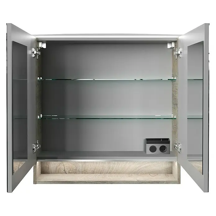 Fackelmann B.style LED-Spiegelschrank - B x H: 80 x 81,2 cm, Nature Oak Holzoptik - Offener Spiegelschrank mit Glasböden und Innenbeleuchtung für das Badezimmer, der viel Stauraum bietet.