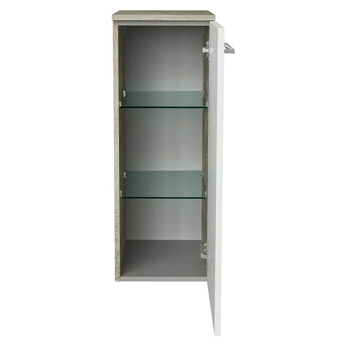 Fackelmann B.style Midischrank - 1-türig, B x T x H: 30,2 x 32 x 82,6 cm, Anschlag: Rechts, Nature Oak Holzoptik/Weiß - Offener Badschrank mit zwei Glasböden. Das Innere des Schranks ist grau und die Tür ist weiß, die Rückseite und Seite haben ein helles Holzdesign.
