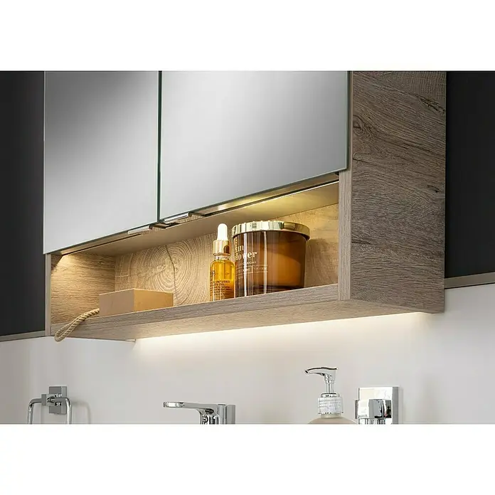 Fackelmann B.style LED-Spiegelschrank - B x H: 60 x 81,2 cm, Nature Oak Holzoptik - Ein beleuchteter Badezimmerschrank mit Spiegel und Holzoberfläche bietet stilvollen Stauraum für Kosmetik und Badutensilien.