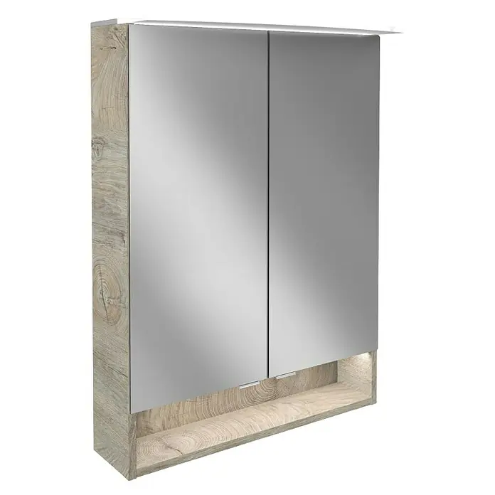 Fackelmann B.style LED-Spiegelschrank - B x H: 60 x 81,2 cm, Nature Oak Holzoptik - Ein moderner Spiegelschrank mit Holzrahmen und integrierter Beleuchtung. Perfekt für jedes Badezimmer, bietet er zusätzlichen Stauraum und Stil.