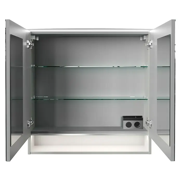 Fackelmann B.style LED-Spiegelschrank - B x H: 80 x 81,2 cm, Weiß - Aufnahme eines offenen, beleuchteten Badezimmerspiegelschranks mit Glasablagen und einer grauen Oberfläche.