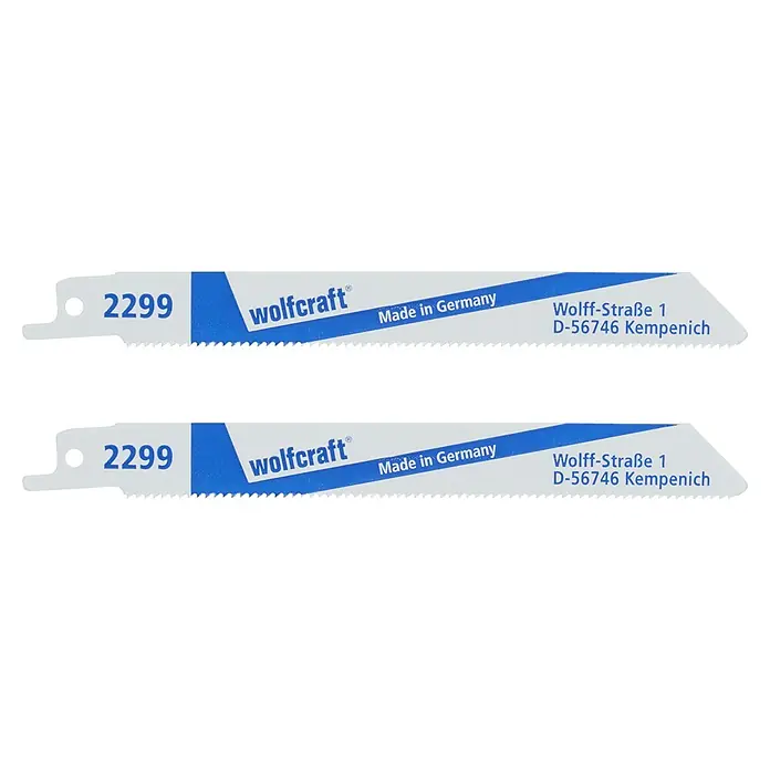 Wolfcraft Säbelsägeblatt - Blech, Länge: 150 mm, 2 Stk. - Zwei Wolfcraft Sägeblätter mit der Nummer 2299, hergestellt in Deutschland, mit Adresse Wolff-Straße 1, D-56746 Kempenich.