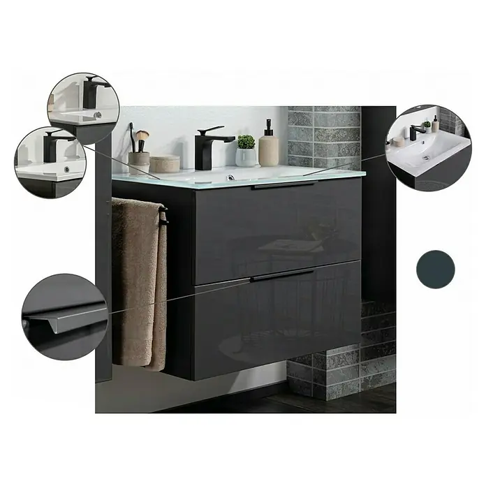 Fackelmann Luna Waschbeckenunterschrank - B x T x H: 80 x 48,8 x 60,2 cm, Anthrazit Hochglanz - Moderner Badezimmerschrank in Anthrazit mit Waschbecken und Handtuchhalter. Stilvolles Design für ein modernes Badezimmer.