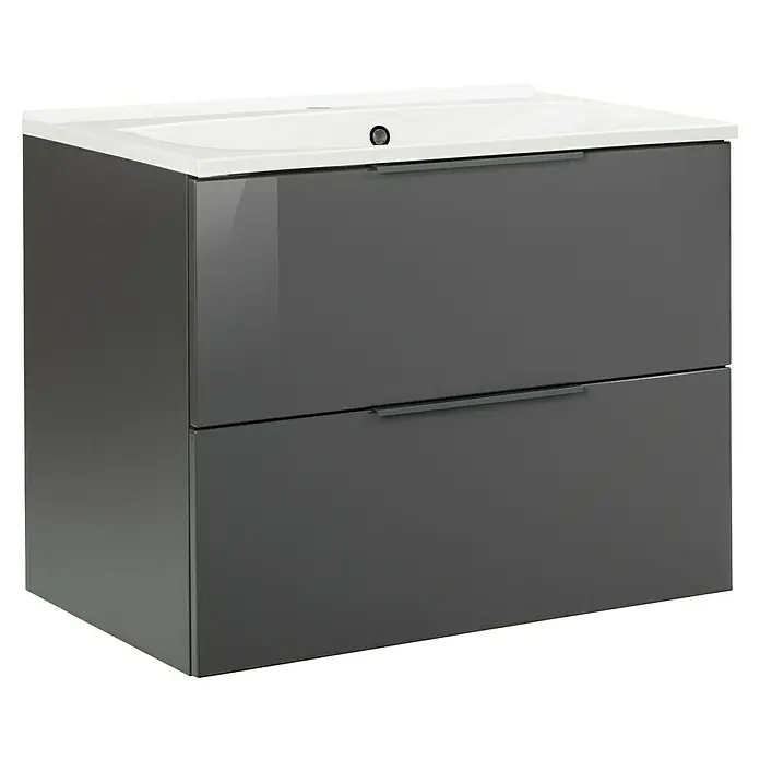 Fackelmann Luna Waschbeckenunterschrank - B x T x H: 80 x 48,8 x 60,2 cm, Anthrazit Hochglanz - Grauer Waschtischunterschrank mit zwei Schubladen und einer weißen Waschtischplatte. Ideal für moderne Badezimmerdesigns.