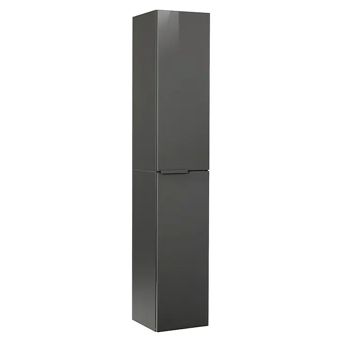 Fackelmann Luna Bad-Hochschrank - B x T x H: 30 x 31,8 x 162 cm, Anthrazit Hochglanz - Ein schlanker, moderner Kühlschrank in dunklem Grau mit einem minimalistischen Griff, ideal für stilvolle Küchen.