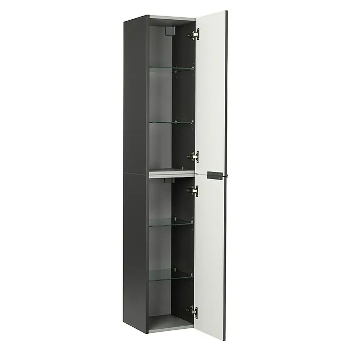 Fackelmann Luna Bad-Hochschrank - B x T x H: 30 x 31,8 x 162 cm, Anthrazit Hochglanz - Ein grauer Badezimmerschrank mit einer offenen, weißer Tür und Glasablagen. Perfekt für zusätzlichen Stauraum im Bad.