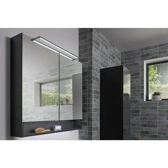 Fackelmann Luna LED-Spiegelschrank - B x H: 80 x 79,8 cm, Anthrazit - Ein stilvoller Spiegelschrank mit integrierter Beleuchtung, der Funktionalität und modernes Design im Badezimmer vereint.