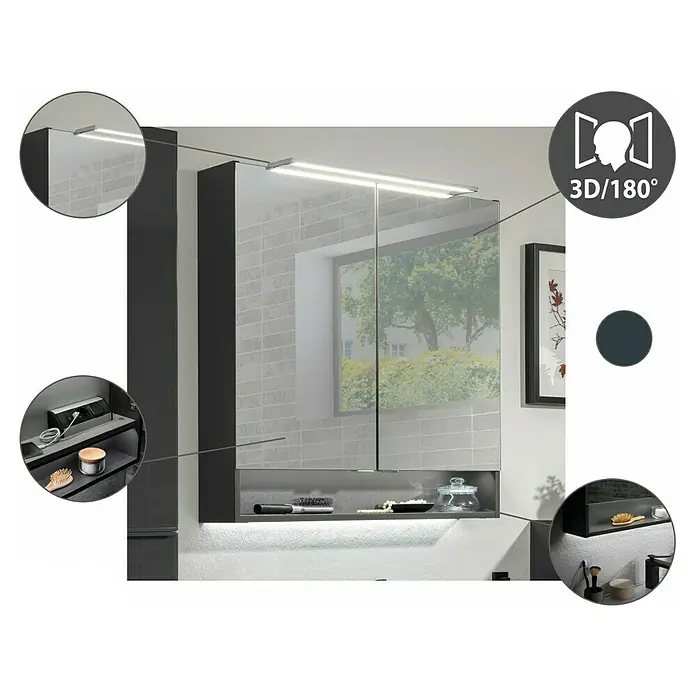 Fackelmann Luna LED-Spiegelschrank - B x H: 80 x 79,8 cm, Anthrazit - Ein moderner Spiegelschrank mit integrierter Beleuchtung und praktischen Ablageflächen für Badutensilien. Das perfekte Badmöbel.