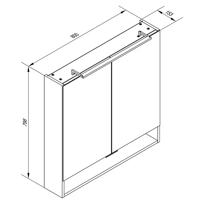 Fackelmann Luna LED-Spiegelschrank - B x H: 80 x 79,8 cm, Anthrazit - Zeichnung eines Badezimmerschranks mit zwei Türen und den Maßen 800 x 798 x 153 mm.