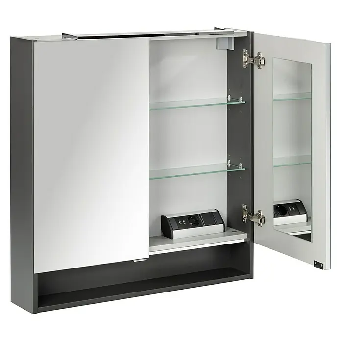 Fackelmann Luna LED-Spiegelschrank - B x H: 80 x 79,8 cm, Anthrazit - Offener Spiegelschrank mit Regalen und Steckdosen für Badezimmerutensilien. Praktische Badmöbel zur Aufbewahrung und Nutzung von Geräten.