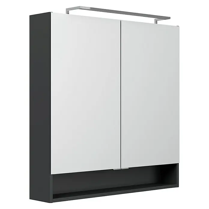 Fackelmann Luna LED-Spiegelschrank - B x H: 80 x 79,8 cm, Anthrazit - Ein geräumiger Badezimmerschrank mit zwei weißen Türen und einem dunklen Regal darunter, ideal für die Aufbewahrung von Badutensilien.