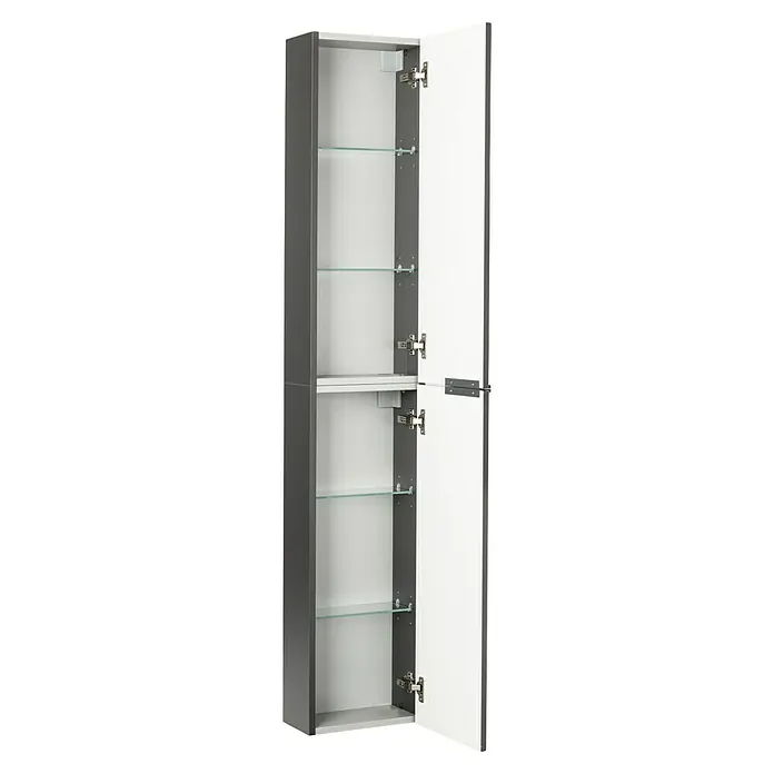 Fackelmann Luna Bad-Hochschrank - B x T x H: 30 x 16,8 x 162 cm, Anthrazit Hochglanz - Offener, grauer Badezimmerschrank mit weißen Türen und Glasböden. Der Schrank bietet viel Stauraum für Badutensilien.