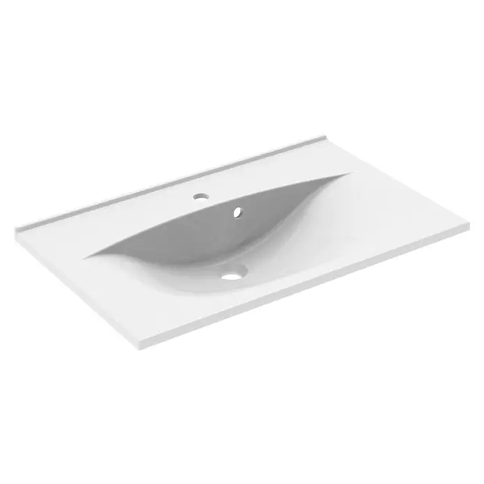Fackelmann Luna Waschtisch Capri - B x H: 80 x 14,5 cm, Weiß, Hahnloch: Mitte, Mit Überlauf - Detailaufnahme eines modernen, weißen Waschtisches mit integriertem Becken und Hahnloch für ein stilvolles Badezimmerdesign.