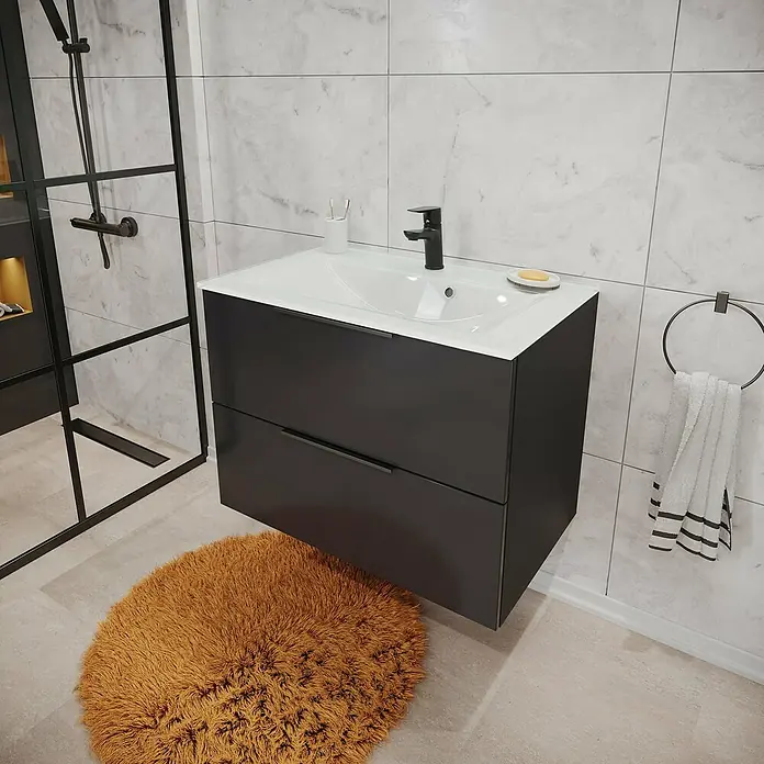 Fackelmann Luna Waschbeckenunterschrank - B x T x H: 80 x 48,8 x 60,2 cm, Anthrazit Hochglanz - Modernes Badezimmer-Waschbecken mit schwarzem Unterschrank, Handtuchring und flauschigem Teppich für stilvolle Akzente.
