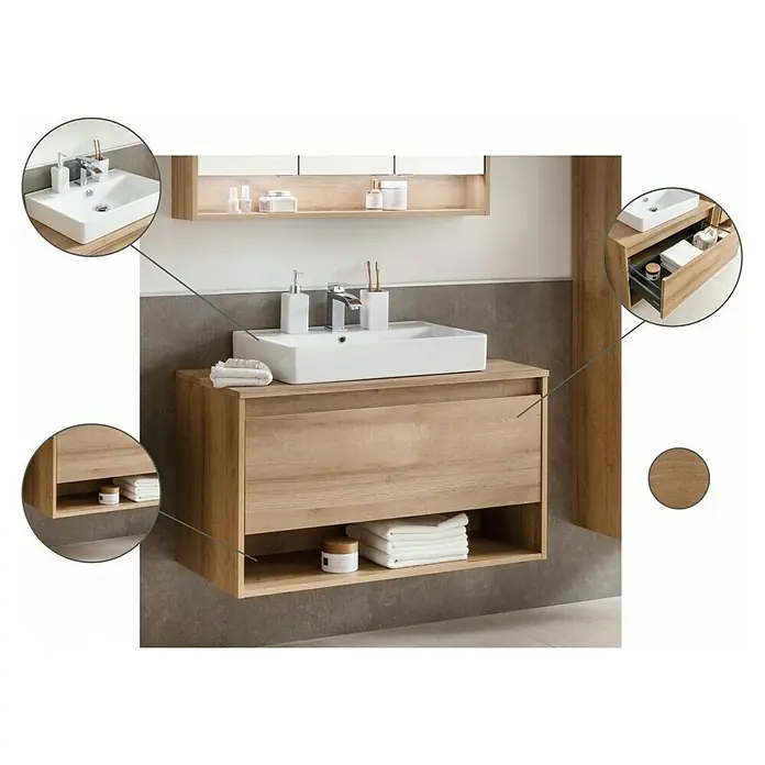 Fackelmann Natura Waschbeckenunterschrank - B x T x H: 93,4 x 45,5 x 52,3 cm, Ast Eiche Holzoptik - Moderne Badezimmereinrichtung mit Waschtischunterschrank in Holzoptik und Aufsatzwaschbecken. Praktischer Stauraum im offenen Fach und Schublade.
