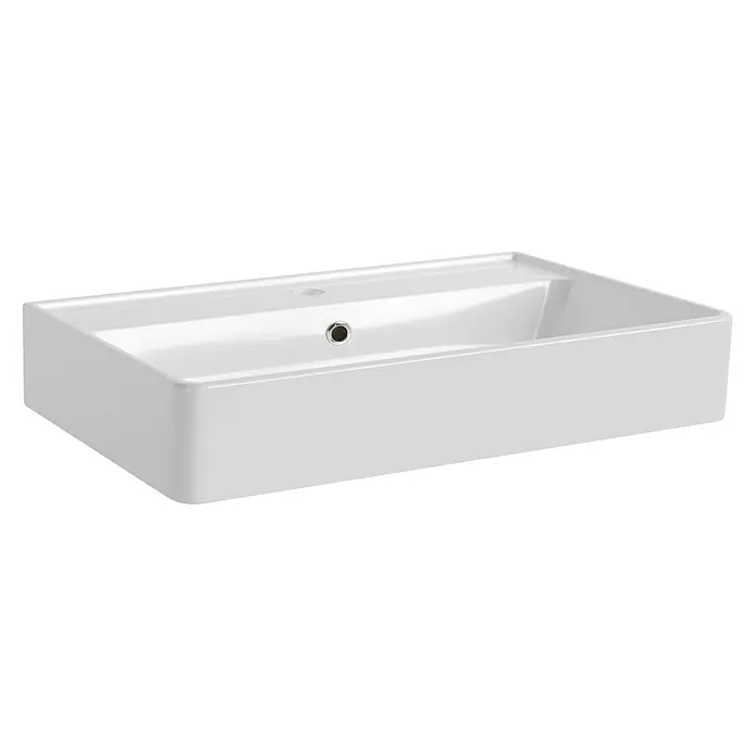 Fackelmann Aufsatzwaschbecken VAIDA - B x L: 61 x 41 cm, Keramik, Hahnloch: Mitte, Mit Überlauf, Weiß - Elegantes Aufsatzwaschbecken in Weiß mit abgerundeten Ecken und modernem Design für ein stilvolles Badezimmer. Blickfang ist der glänzende Ablauf.