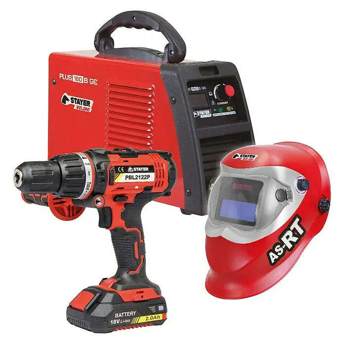 Stayer Taladro atornillador de batería PBL202 + Soldador Inverter PLUS 160BGEK - 18 V, 2 Ah, 2 baterías - Imagen del producto de STAYER: soldadora, taladro inalámbrico PBL2122P y careta de soldar AS-RT en rojo y negro.