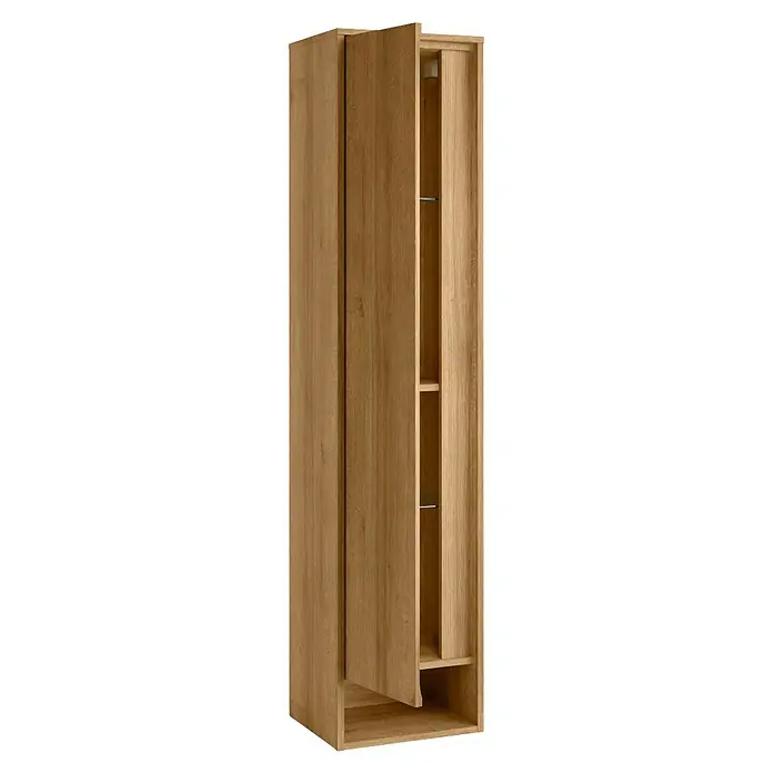 Fackelmann Natura Bad-Hochschrank - B x T x H: 38 x 32 x 166,5 cm, Ast Eiche Holzoptik - Ein schlanker Holzschrank mit teilweise geöffneter Tür, der das Innenregal zeigt, ideal für stilvolle Aufbewahrungslösungen.