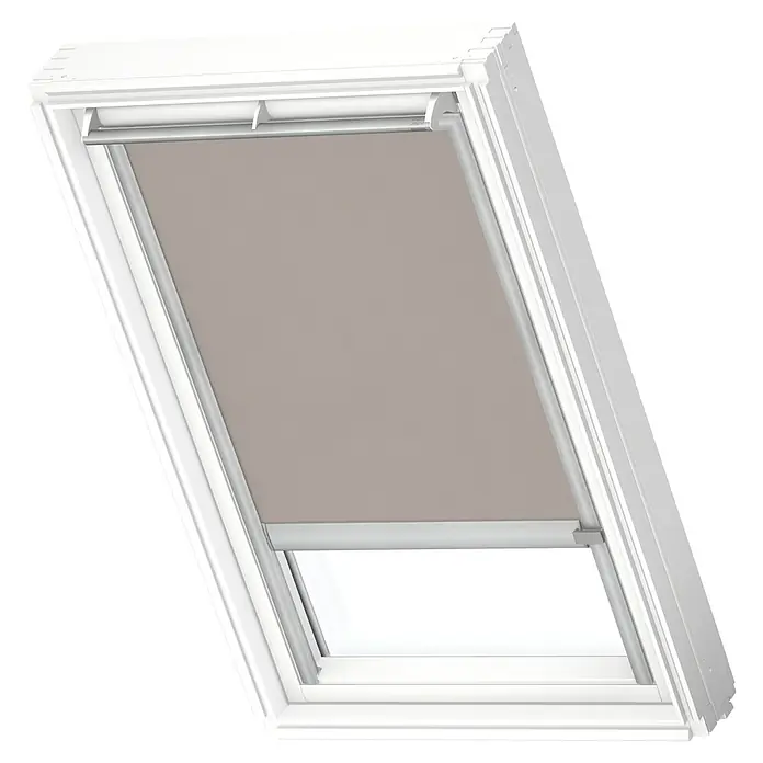 Velux Dachfensterrollo RML MK08 4169K - Farbe: Helltaupe - 4169K, Farbe Schiene: Aluminium, Elektrisch - Das Bild zeigt ein Dachfenster mit einem Rollo in einem modernen Design. Das Rollo ist in einem neutralen Farbton gehalten und bietet Sonnenschutz.