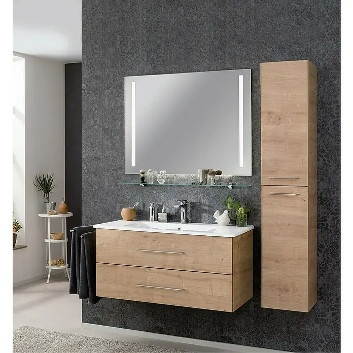 Fackelmann Lichtspiegel Mirror - B x H: 100 x 75 cm, Sensorschalter, Ambientebeleuchtung - Modernes Badezimmer mit Waschtischunterschrank, Spiegelschrank und Hochschrank in Holzoptik.