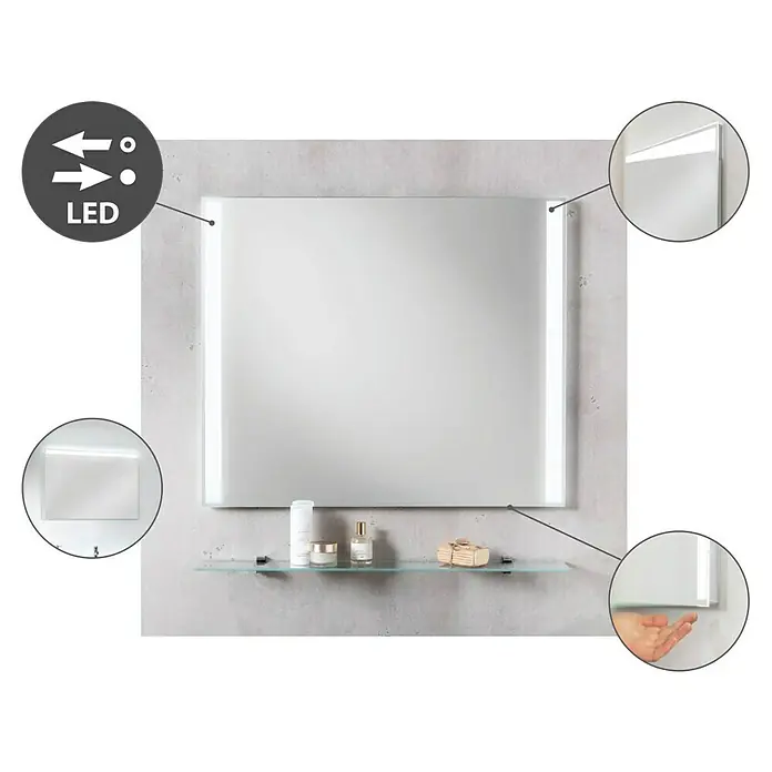 Fackelmann Mirrors LED-Lichtspiegel - B x H: 80 x 68 cm, Einfacher Anschluss über Schraubklemme, Rechteckig - Ein moderner LED-beleuchteter Spiegel mit einem klaren Glasregal und verschiedenen Badartikeln. Elegantes Design für jedes Badezimmer.