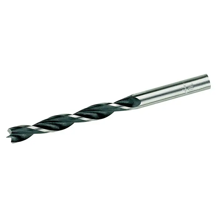 DeWalt Broca para madera DT4510-QZ - 1 ud., Diámetro de la broca: 10 mm - Una broca helicoidal de acero, una herramienta para taladrar agujeros, presentada sobre un fondo negro con detalles plateados.