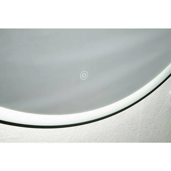 Fackelmann Mirrors LED-Lichtspiegel - 80 x 80 cm, Einfacher Anschluss über Schraubklemme, Rund, Schwarz - Detailaufnahme eines runden LED-beleuchteten Spiegels mit einem Touch-Sensor-Symbol zur Lichtsteuerung.